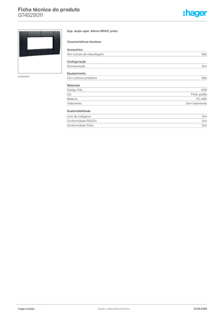 Imagem Hager Ficha técnica do produto GT4529011 | Hager Portugal