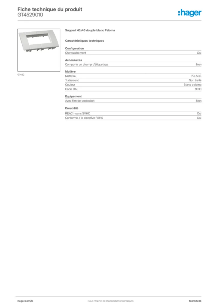 Image Hager Fiche technique du produit GT4529010 | Hager France