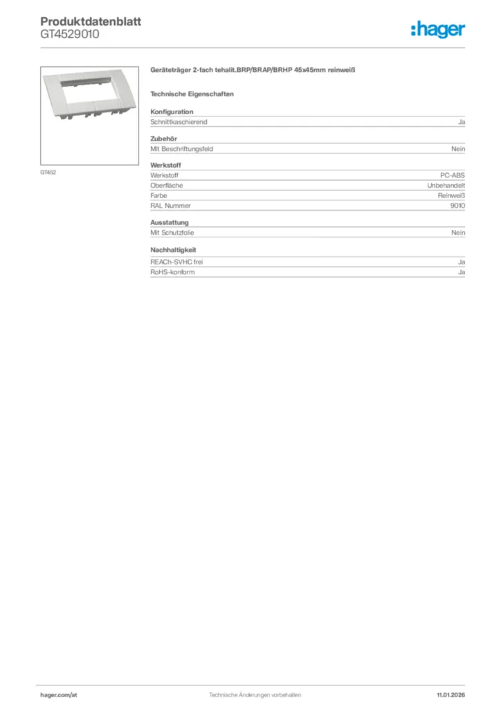 Bild Hager Produktdatenblatt GT4529010 | Hager Deutschland