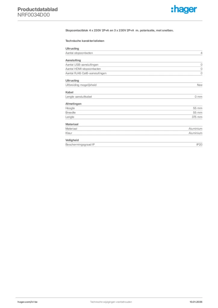 Afbeelding Hager Productdatablad NRF0034D00 | Hager Belgium