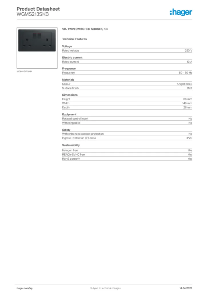 Image Hager Product data sheet WGMS213SKB  | Hager