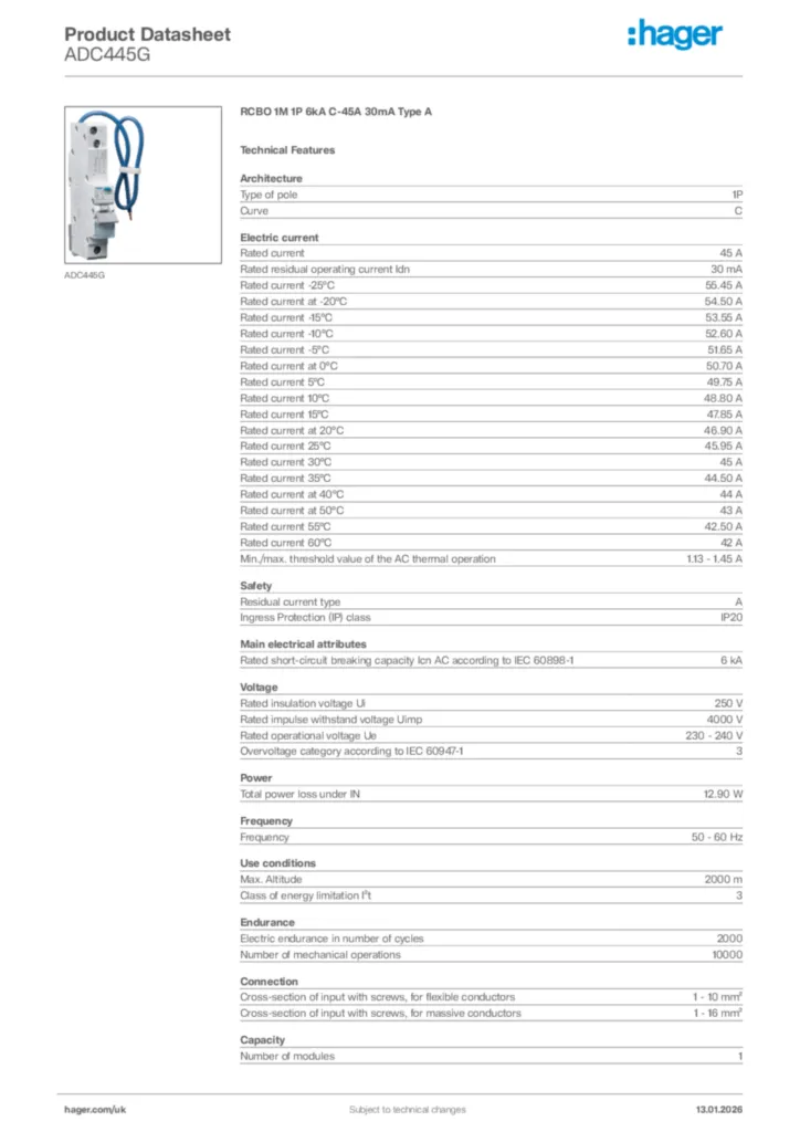 Image Hager Product data sheet ADC445G  | Hager