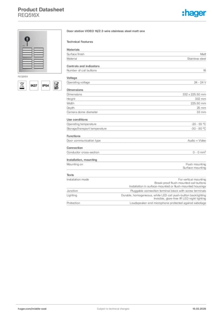 Image Hager Product data sheet REQ516X  | Hager