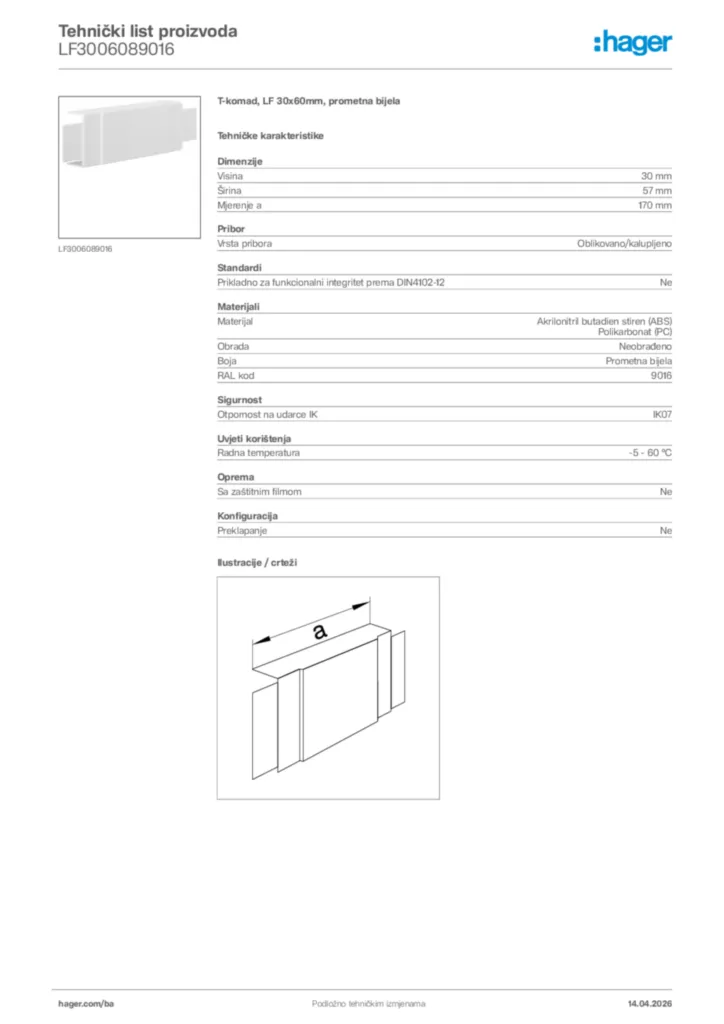 Slika Hager Tehnički list proizvoda LF3006089016  | Hager