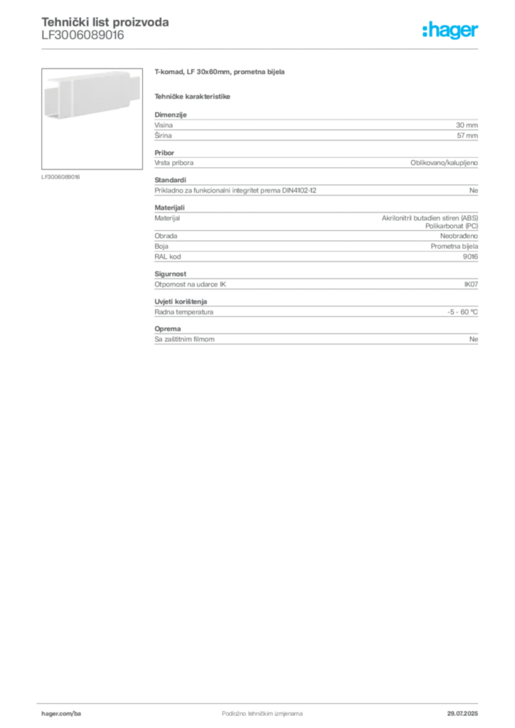 Slika Hager Product data sheet LF3006089016  | Hager