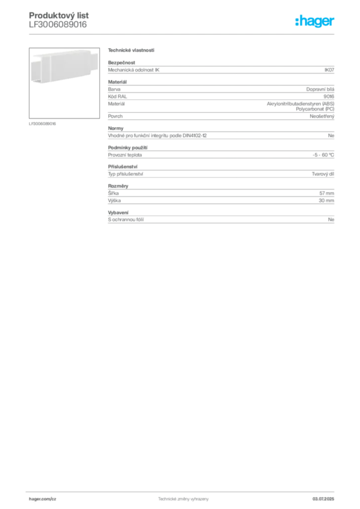 Obrázek Hager Produktový list LF3006089016 | Hager