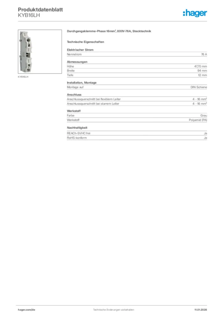 Bild Hager Produktdatenblatt KYB16LH | Hager Deutschland