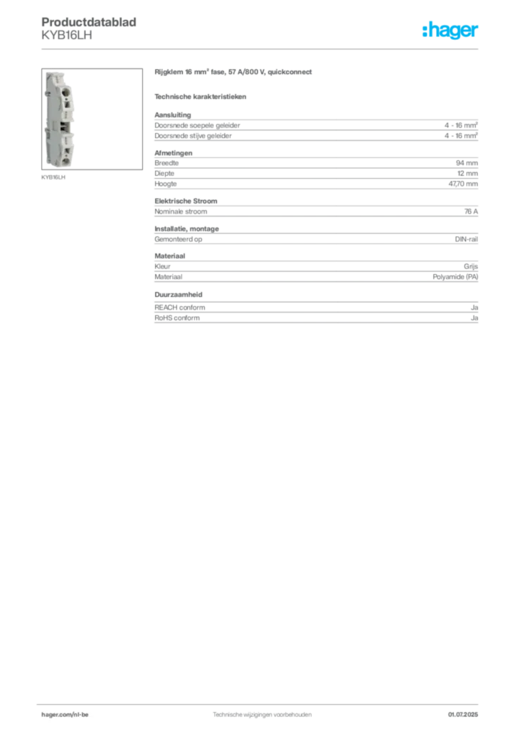 Afbeelding Hager Productdatablad KYB16LH | Hager Belgium