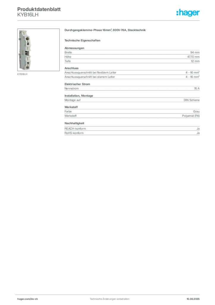 Bild Hager Produktdatenblatt KYB16LH | Hager Schweiz