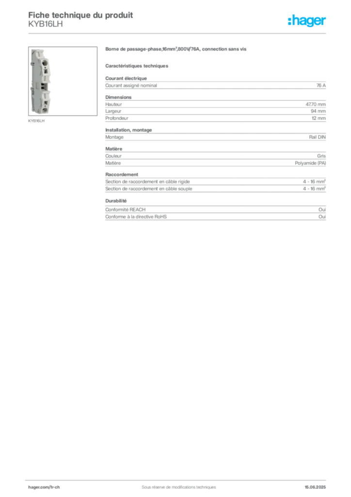Image Hager Fiche technique du produit KYB16LH | Hager Suisse
