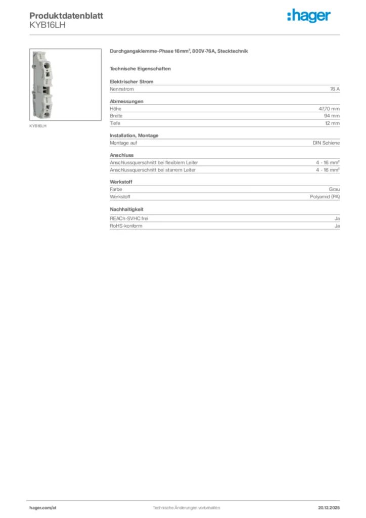 Bild Hager Produktdatenblatt KYB16LH | Hager Deutschland