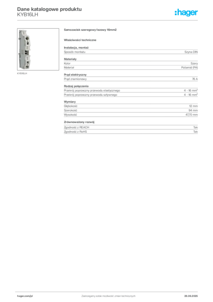 Zdjęcie Hager Dane katalogowe produktu KYB16LH | Hager Polska
