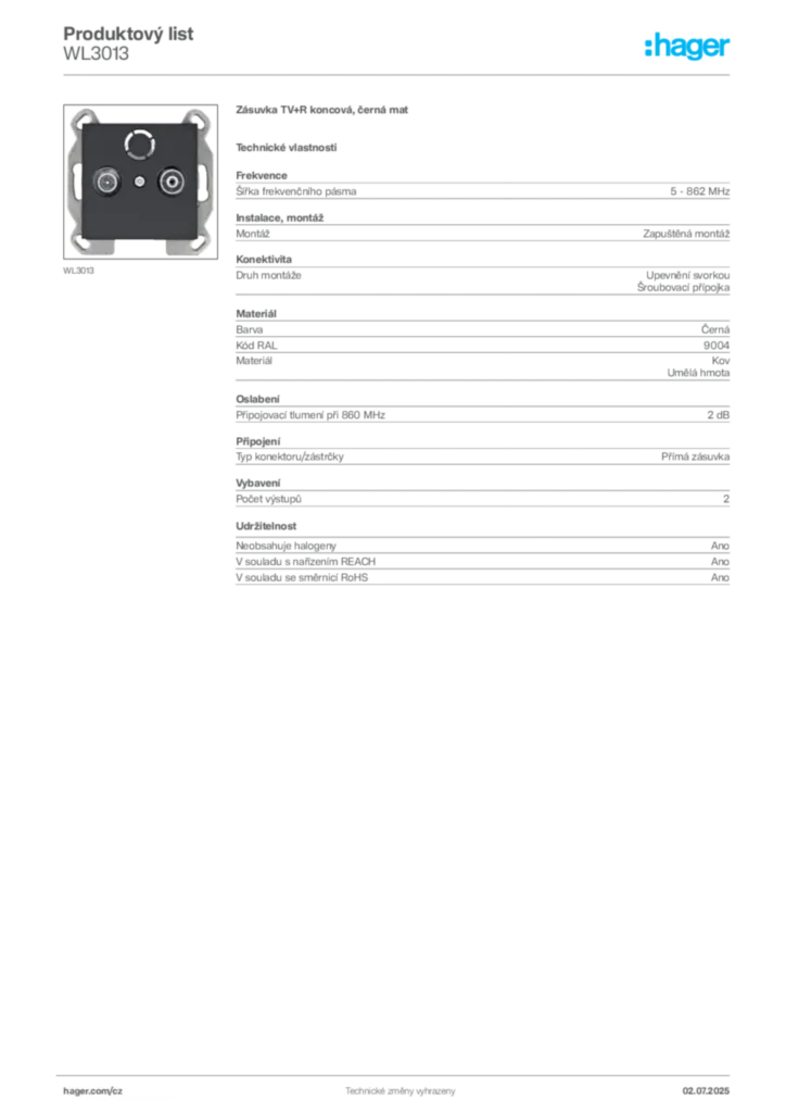 Obrázek Hager Produktový list WL3013 | Hager