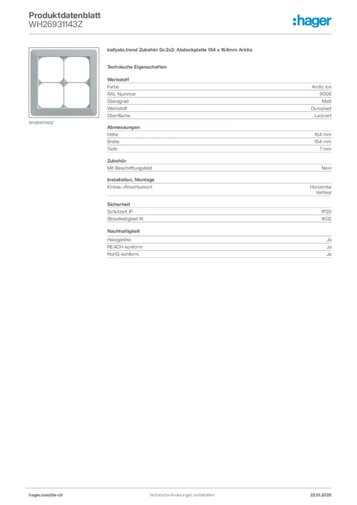 Bild Hager Produktdatenblatt WH26931143Z | Hager Schweiz