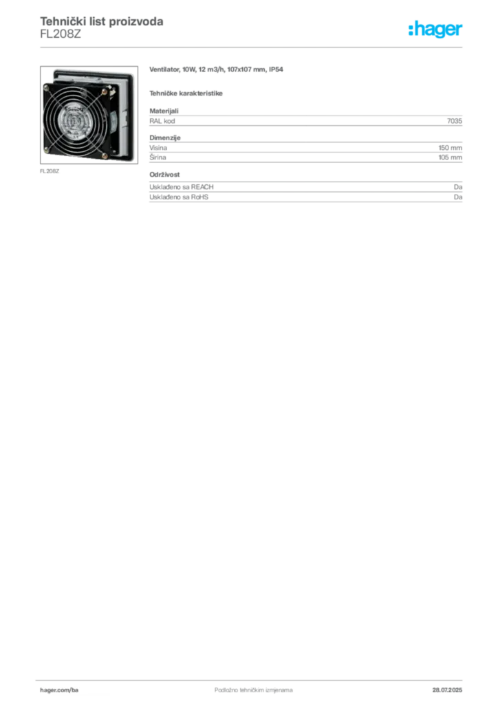 Slika Hager Product data sheet FL208Z  | Hager