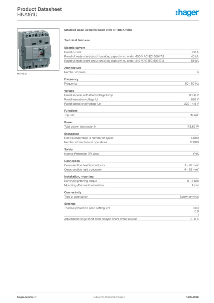 Image Hager Product data sheet HNA161U  | Hager
