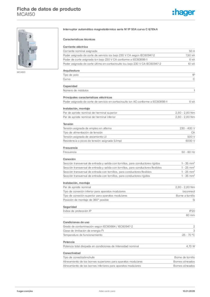 Imagen Hager Ficha de datos de producto MCA150 | Hager España