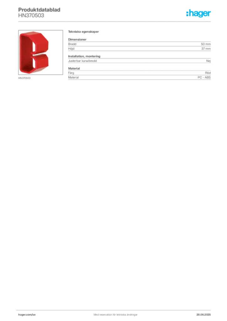 Bild Hager Produktdatablad HN370503 | Hager Sverige