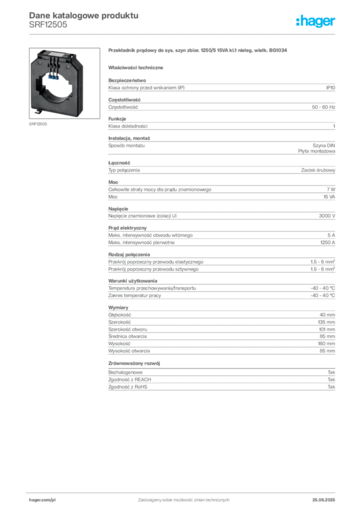 Zdjęcie Hager Dane katalogowe produktu SRF12505 | Hager Polska