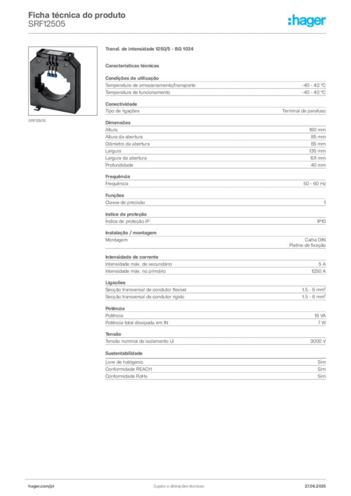 Imagem Hager Ficha técnica do produto SRF12505 | Hager Portugal