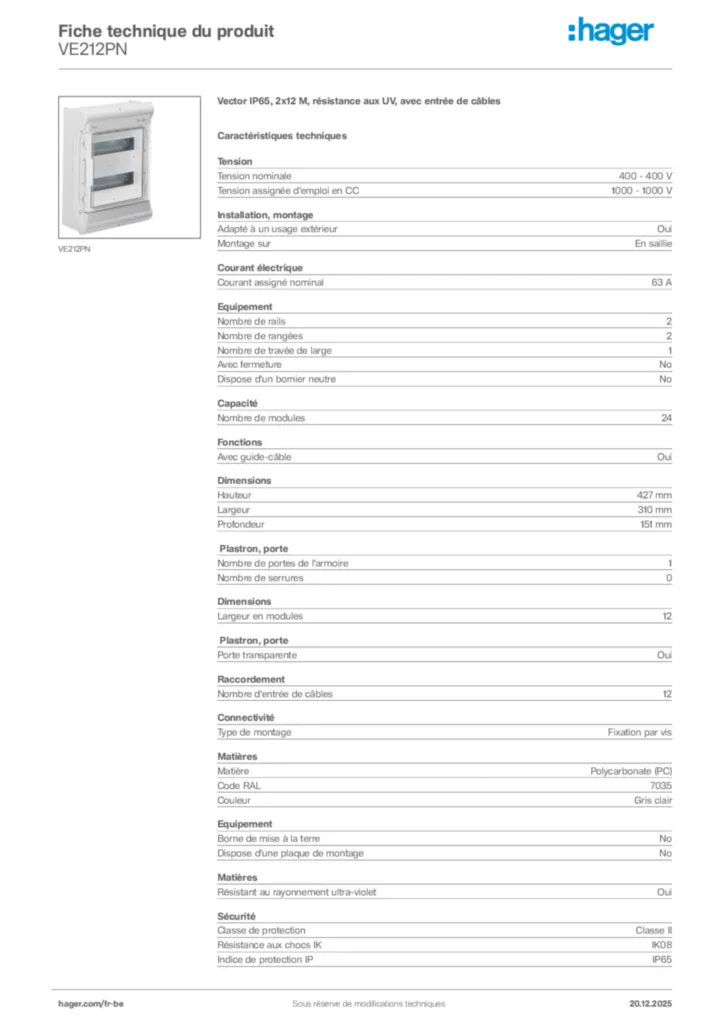 Image Hager Fiche technique du produit VE212PN | Hager Belgique