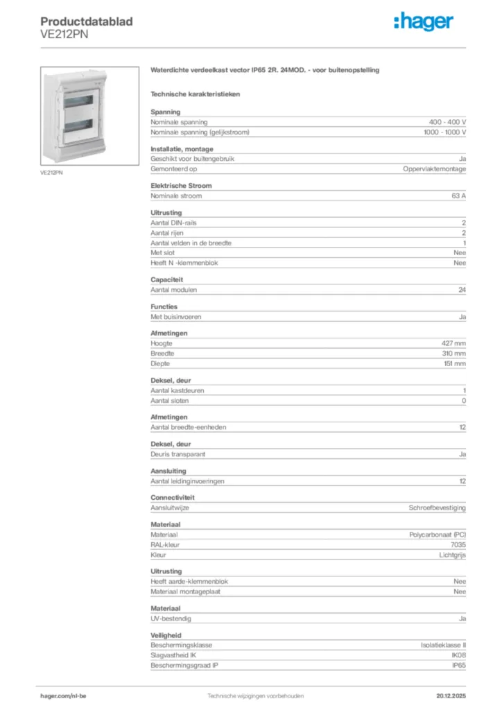 Afbeelding Hager Productdatablad VE212PN | Hager Belgium