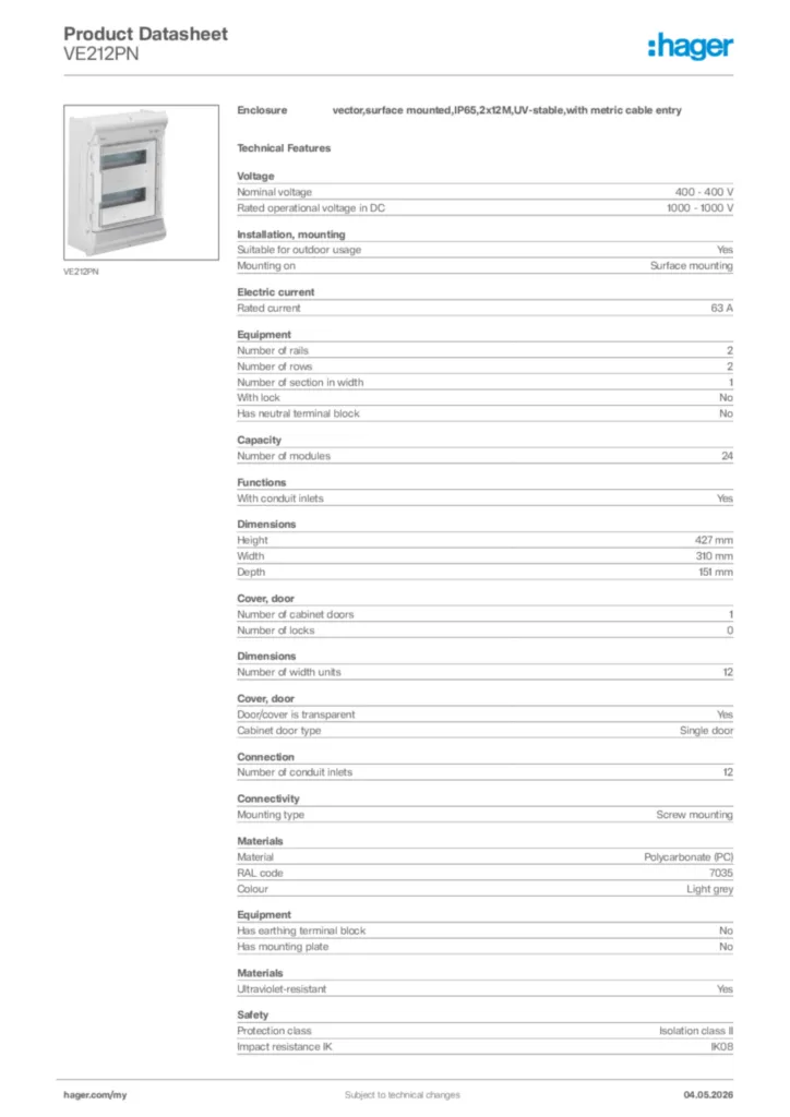 Image Hager Product data sheet VE212PN  | Hager