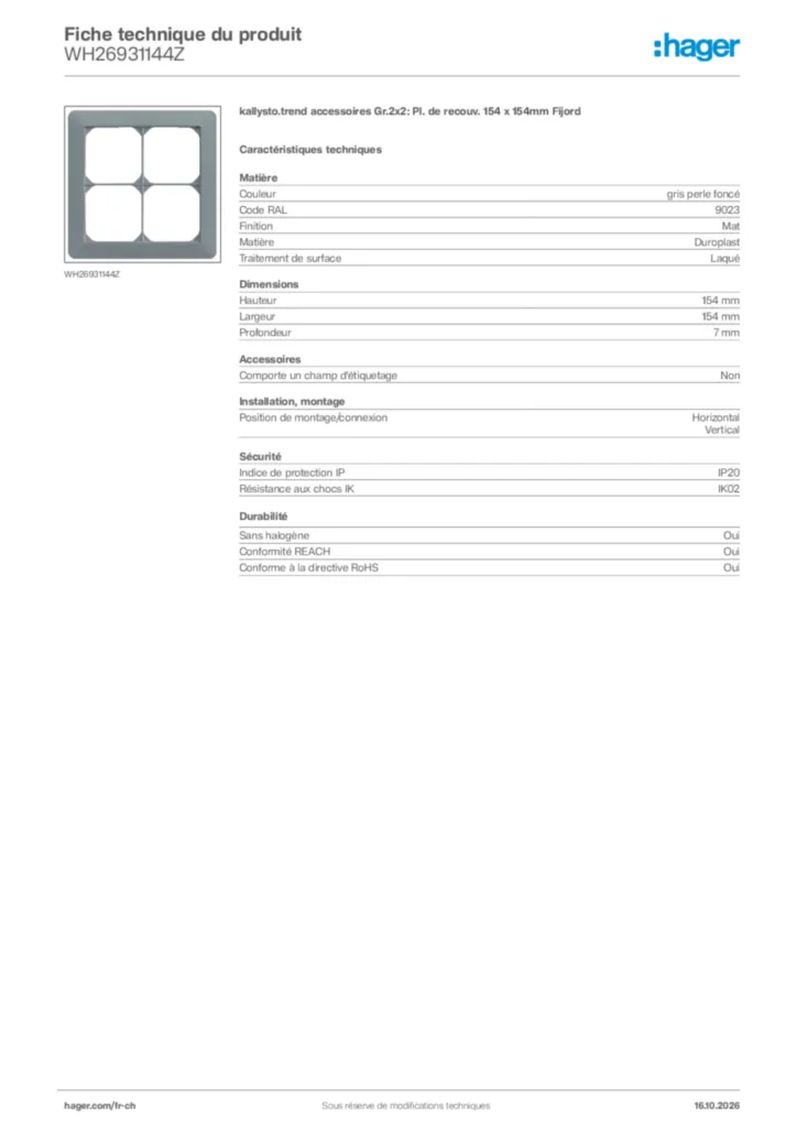 Image Hager Fiche technique du produit WH26931144Z | Hager Suisse