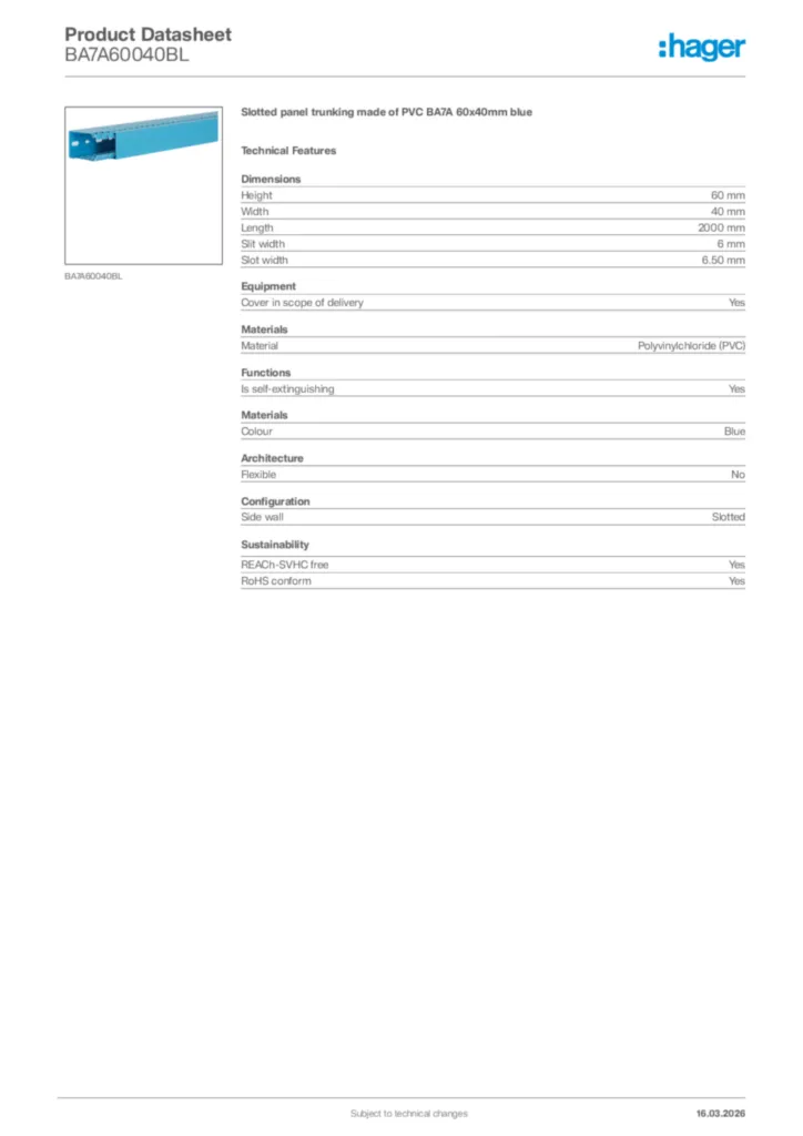 Image Hager Product data sheet BA7A60040BL  | Hager Africa