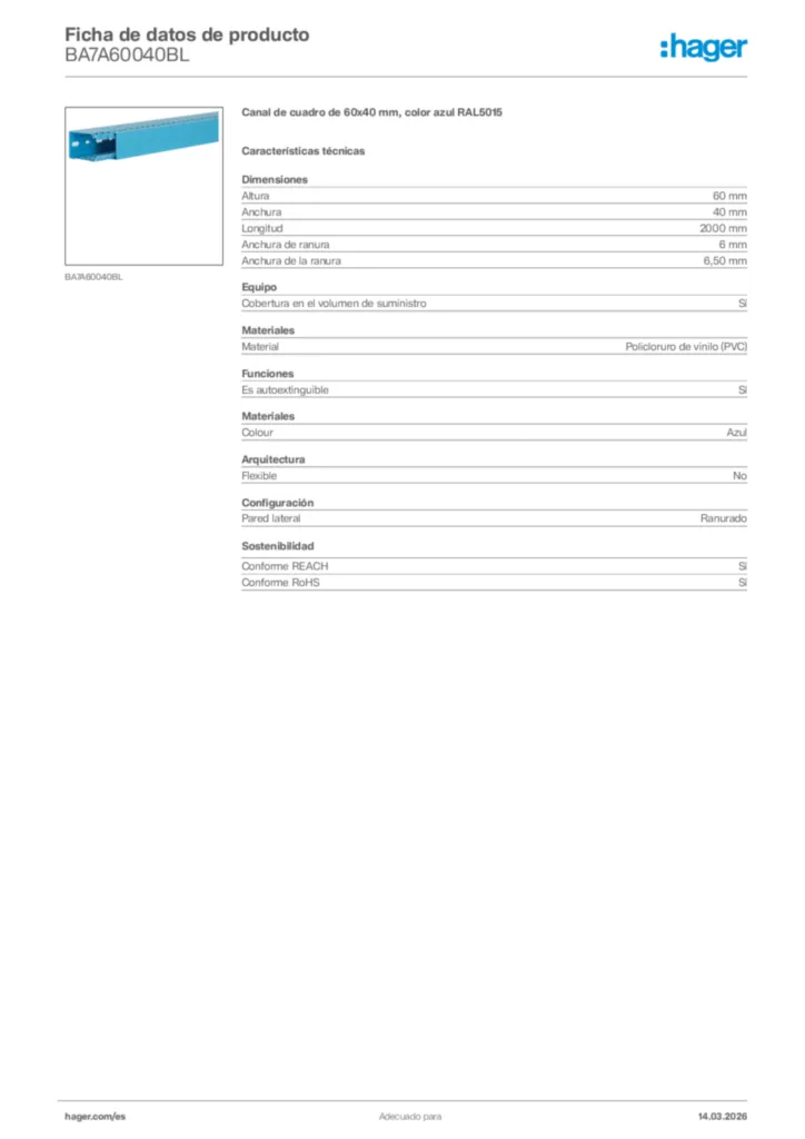 Imagen Hager Ficha de datos de producto BA7A60040BL | Hager España