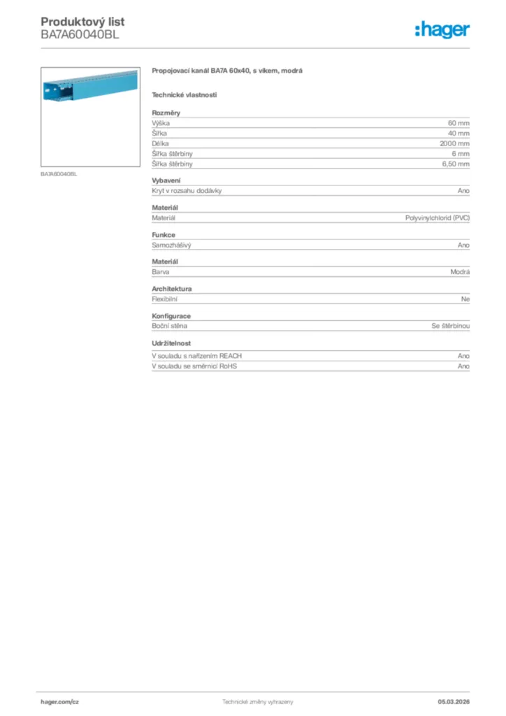 Obrázek Hager Product data sheet BA7A60040BL | Hager