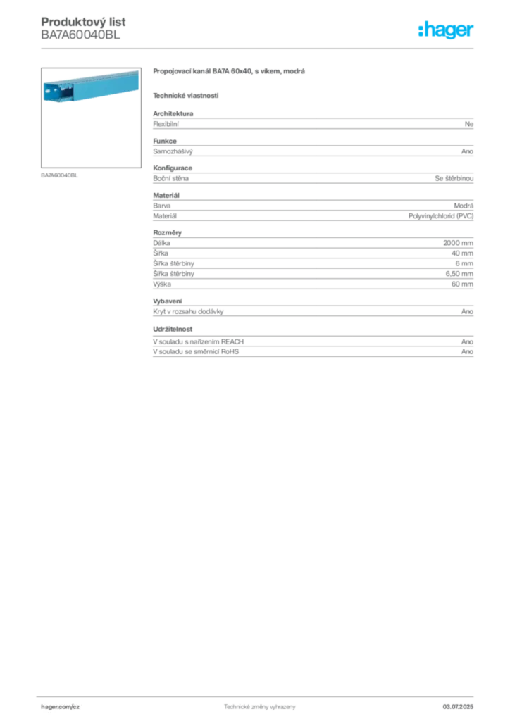 Obrázek Hager Produktový list BA7A60040BL | Hager