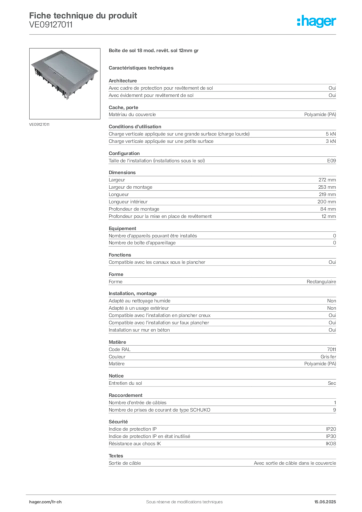 Image Hager Fiche technique du produit VE09127011 | Hager Suisse