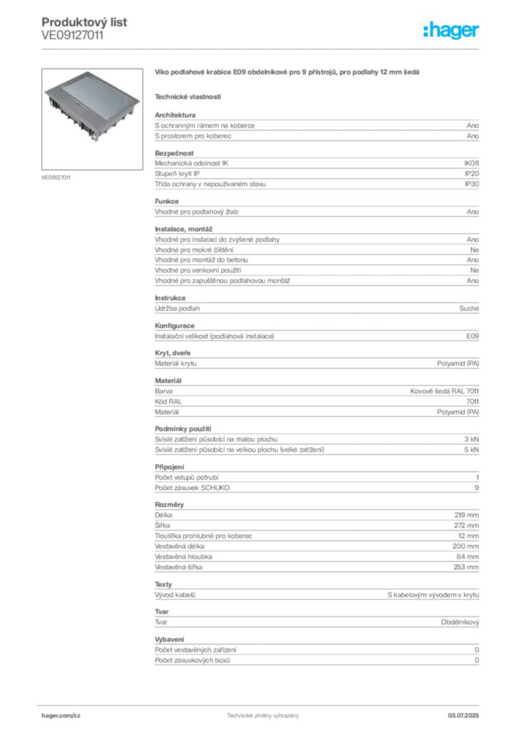 Obrázek Hager Produktový list VE09127011 | Hager