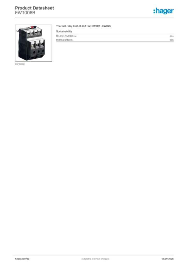 Image Hager Product data sheet EWT006B  | Hager