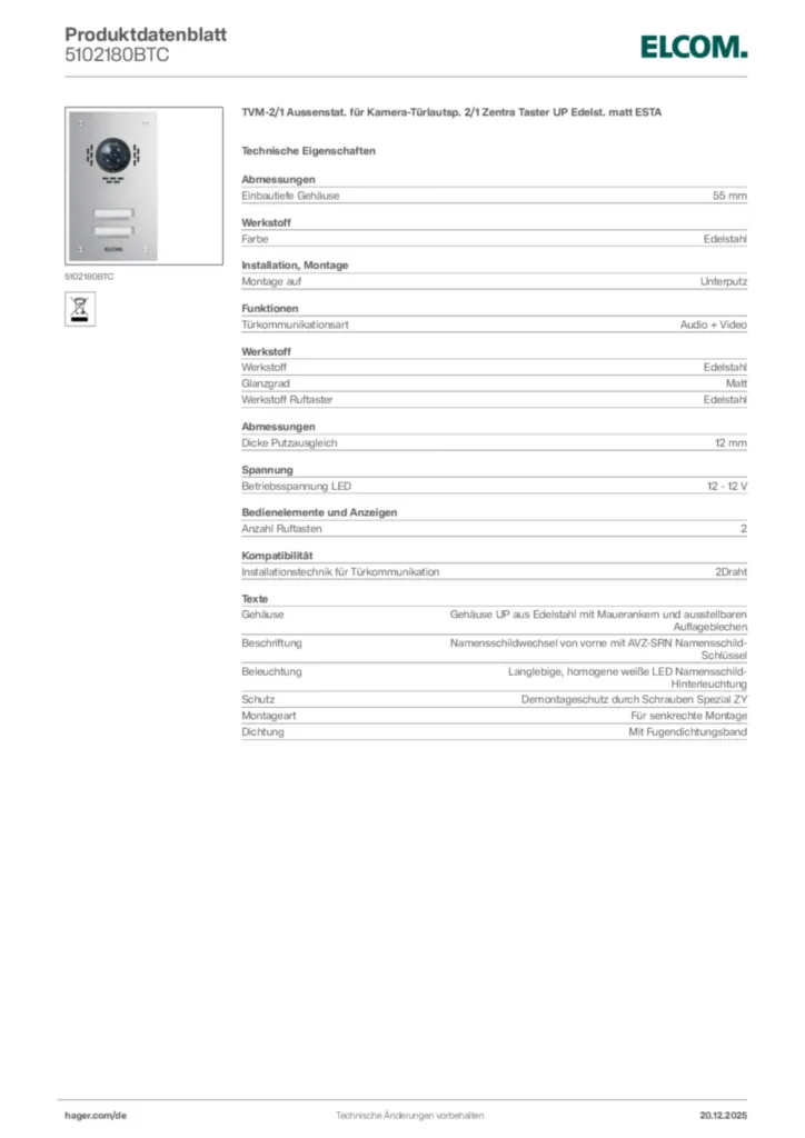 Bild Elcom Produktdatenblatt 5102180BTC | Hager Deutschland