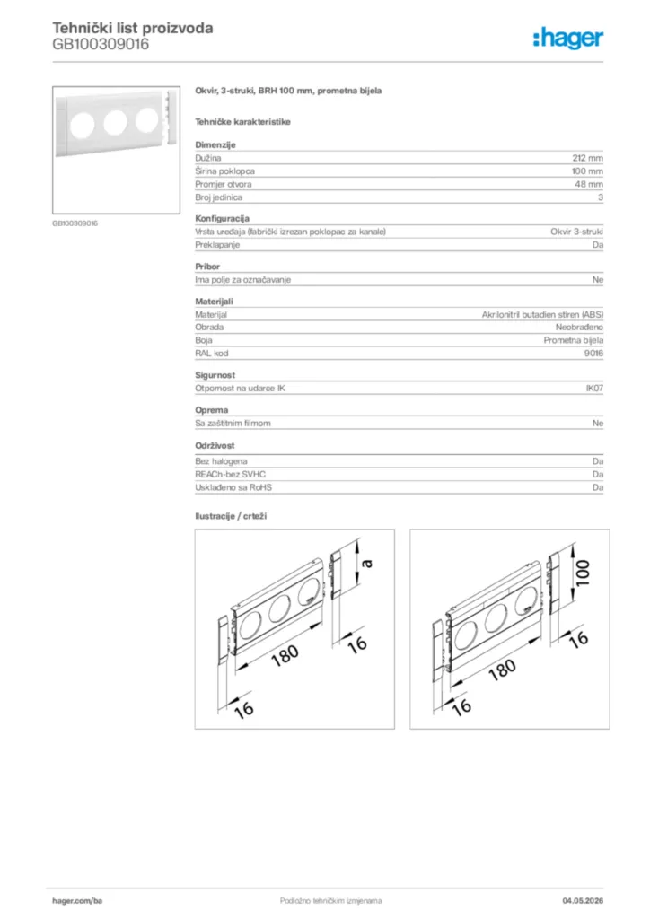 Slika Hager Tehnički list proizvoda GB100309016  | Hager