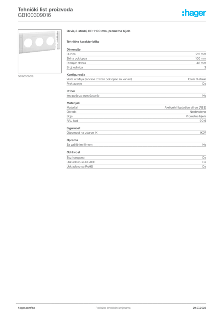 Slika Hager Product data sheet GB100309016  | Hager
