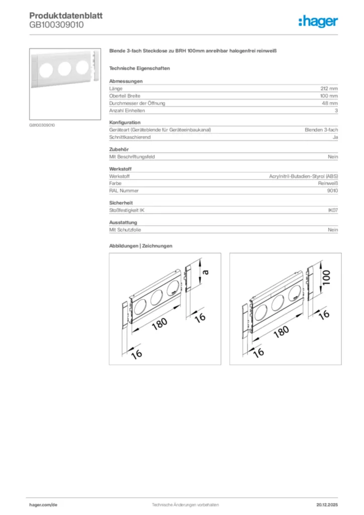 Bild Hager Produktdatenblatt GB100309010 | Hager Deutschland