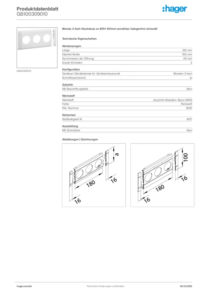Bild Hager Produktdatenblatt GB100309010 | Hager Deutschland