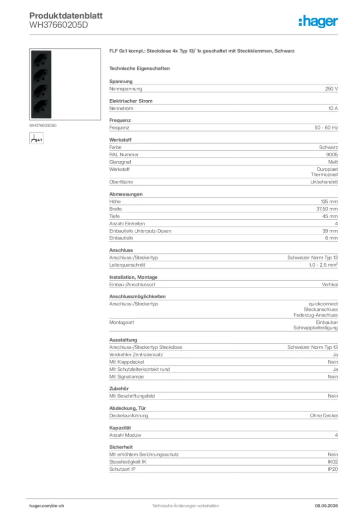 Bild Hager Produktdatenblatt WH37660205D | Hager Schweiz