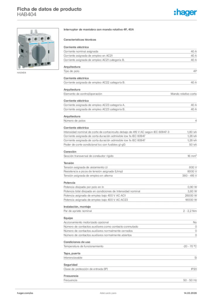 Imagen Hager Ficha de datos de producto HAB404 | Hager España