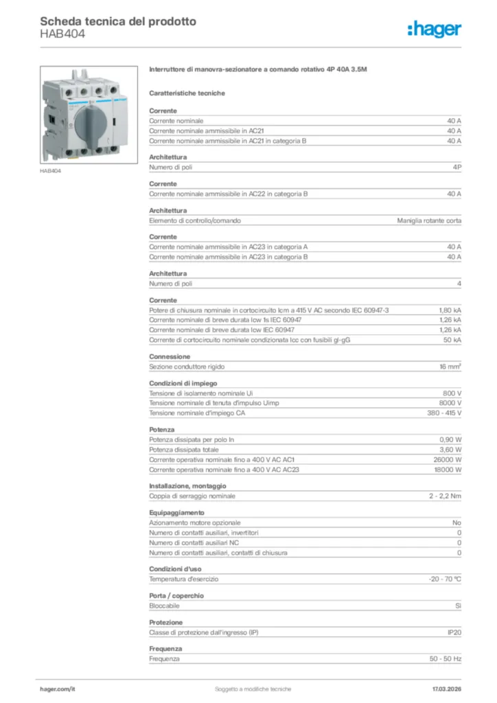 Immagine Hager Scheda tecnica del prodotto HAB404 | Hager Italia