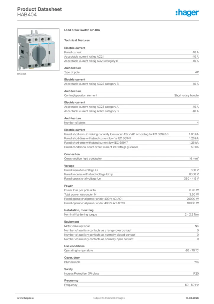 Image Hager Product data sheet HAB404  | Hager