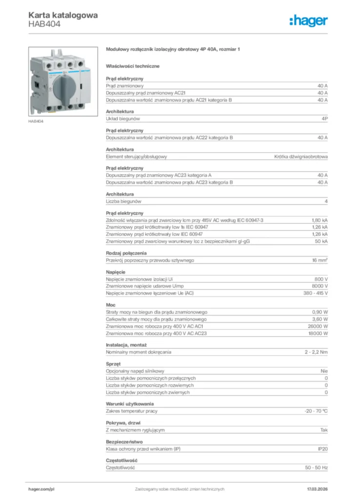 Zdjęcie Hager Karta katalogowa HAB404 | Hager Polska