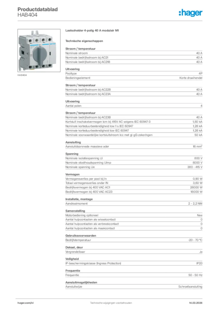 Afbeelding Hager Productdatablad HAB404 | Hager Nederland