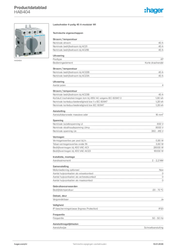 Afbeelding Hager Productdatablad HAB404 | Hager Nederland