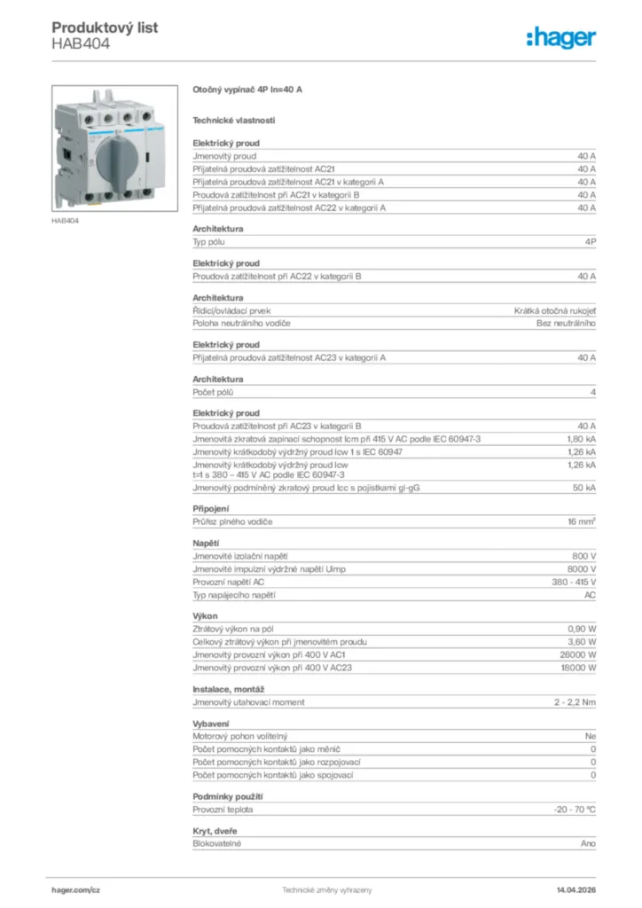 Obrázek Hager Product data sheet HAB404 | Hager