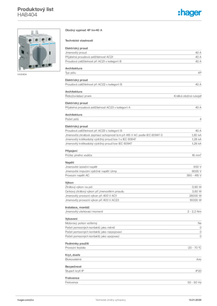 Obrázek Hager Product data sheet HAB404 | Hager