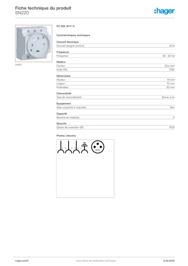 Image Hager Fiche technique du produit SN220 | Hager France